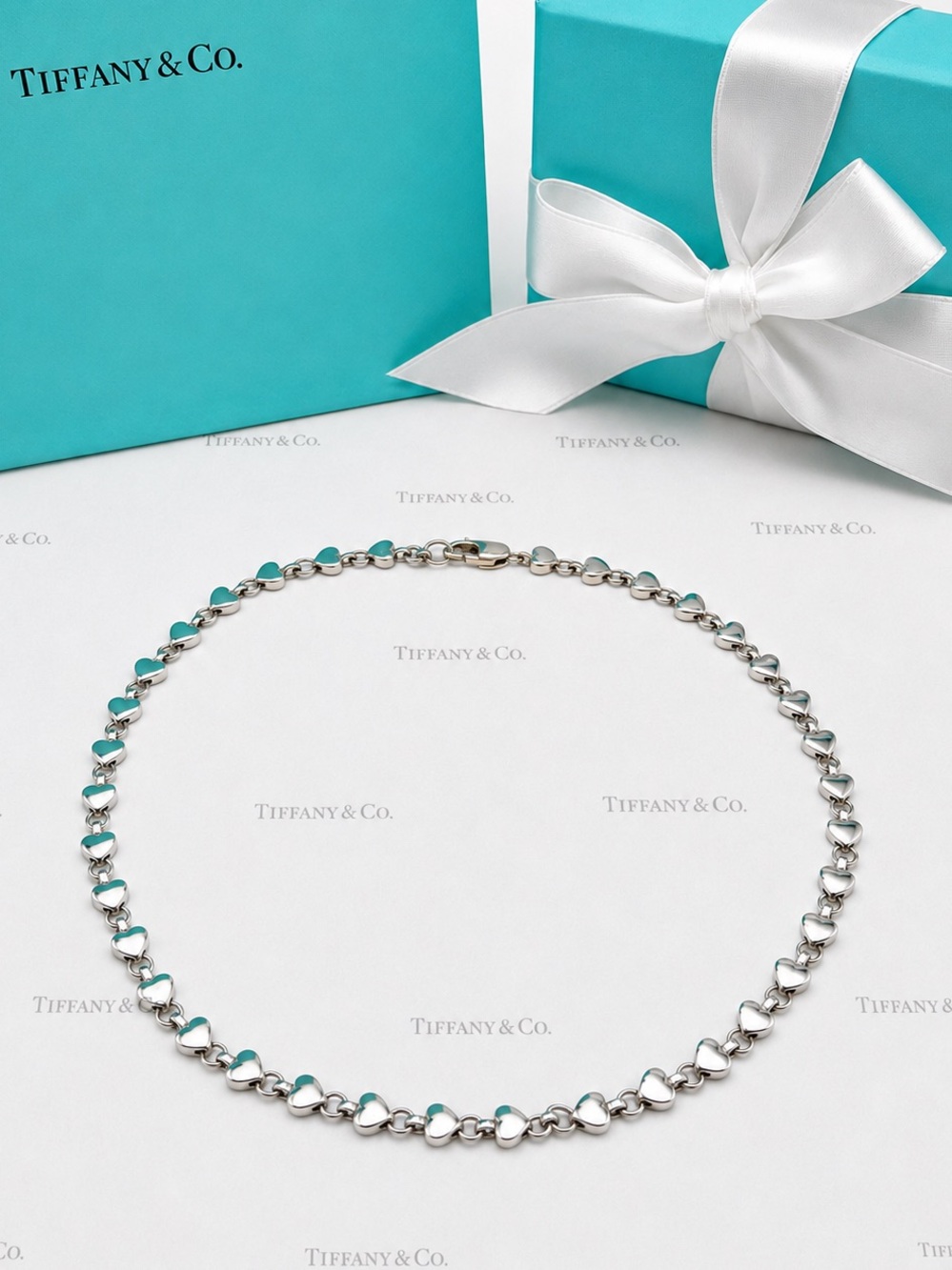 Tiffany & Co. Puff Multi Heart Link Chain Necklace Sterling Silver 925 Gift Box